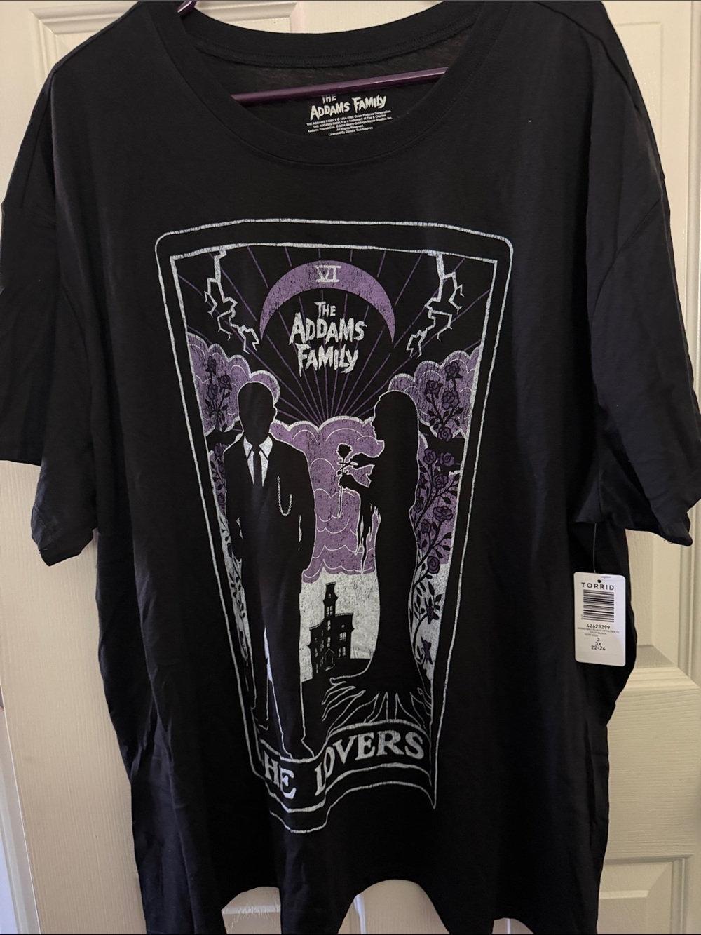 torrid Black Tee with Purple Addams Family Graphic